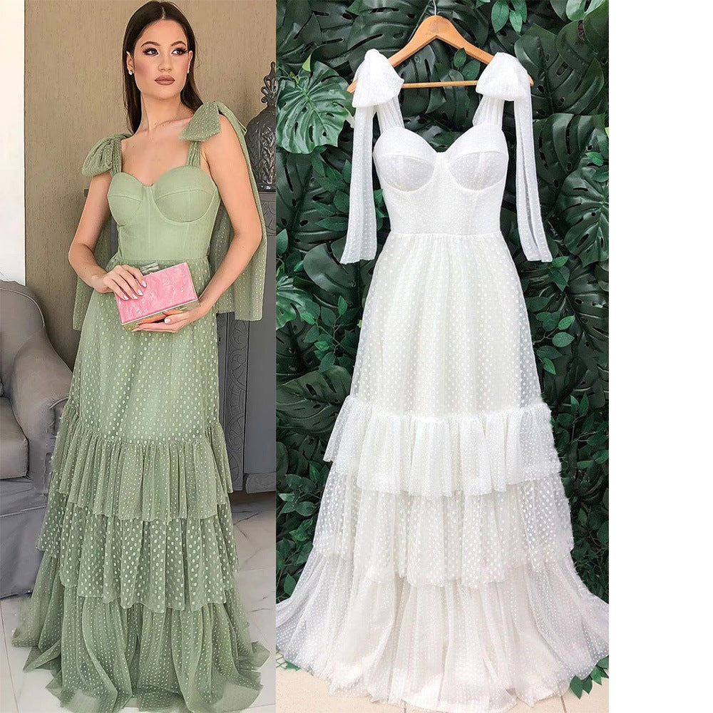 Polka Dot Mesh Wedding Dress with Tiered Skirt and Tie-Shoulders