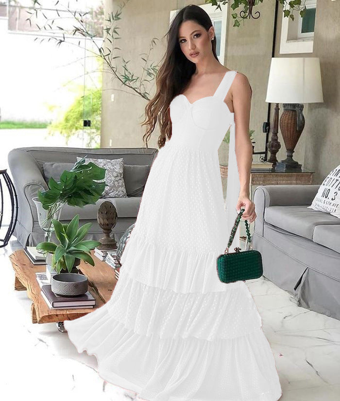 Polka Dot Mesh Wedding Dress with Tiered Skirt and Tie-Shoulders
