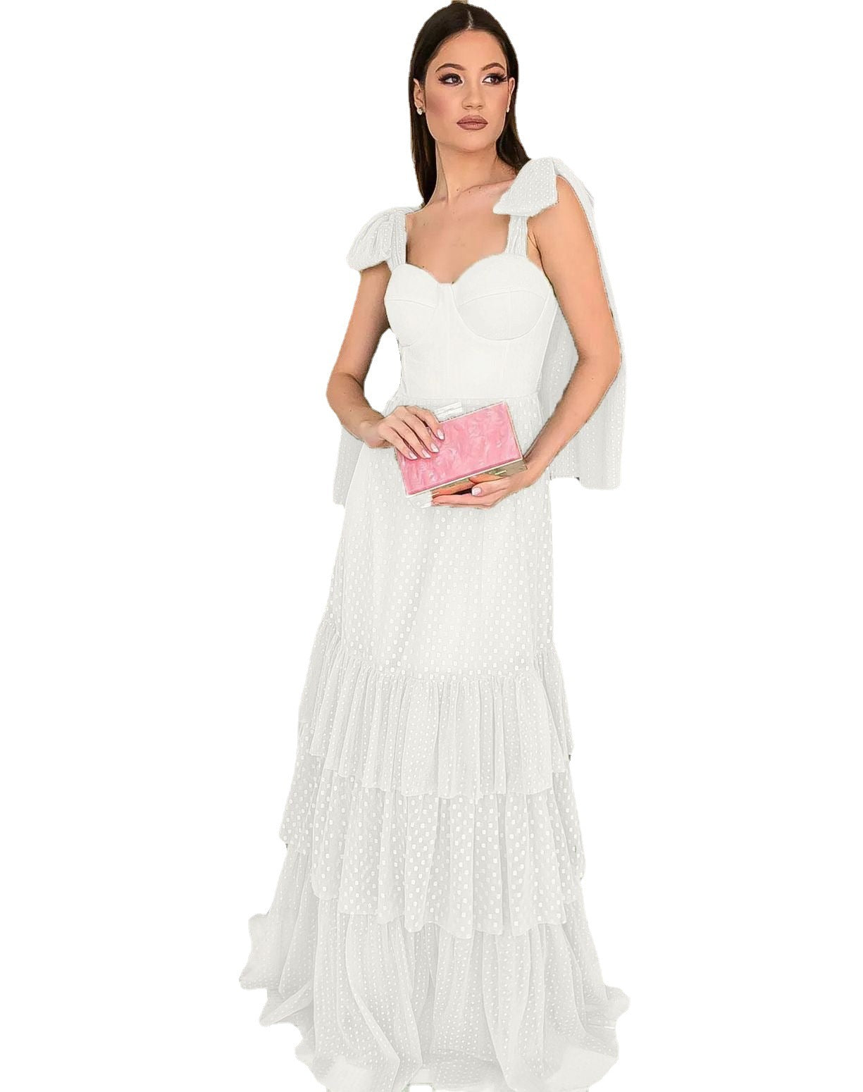 Polka Dot Mesh Wedding Dress with Tiered Skirt and Tie-Shoulders