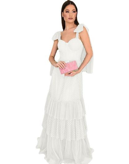 Polka Dot Mesh Wedding Dress with Tiered Skirt and Tie-Shoulders