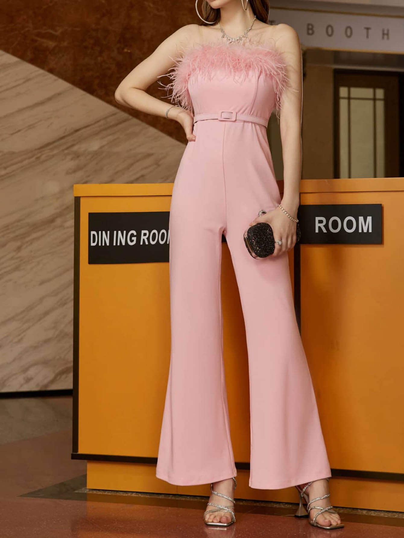 Strapless Wide-Leg Jumpsuit with Feather Trim Bust and Belt