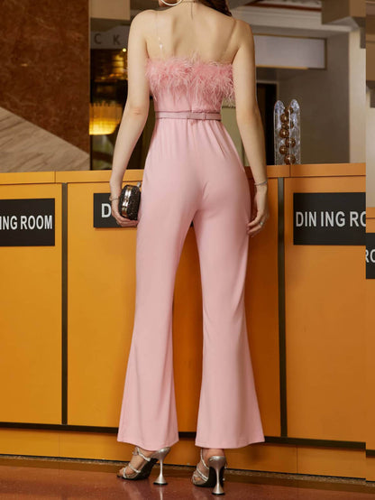 Strapless Wide-Leg Jumpsuit with Feather Trim Bust and Belt