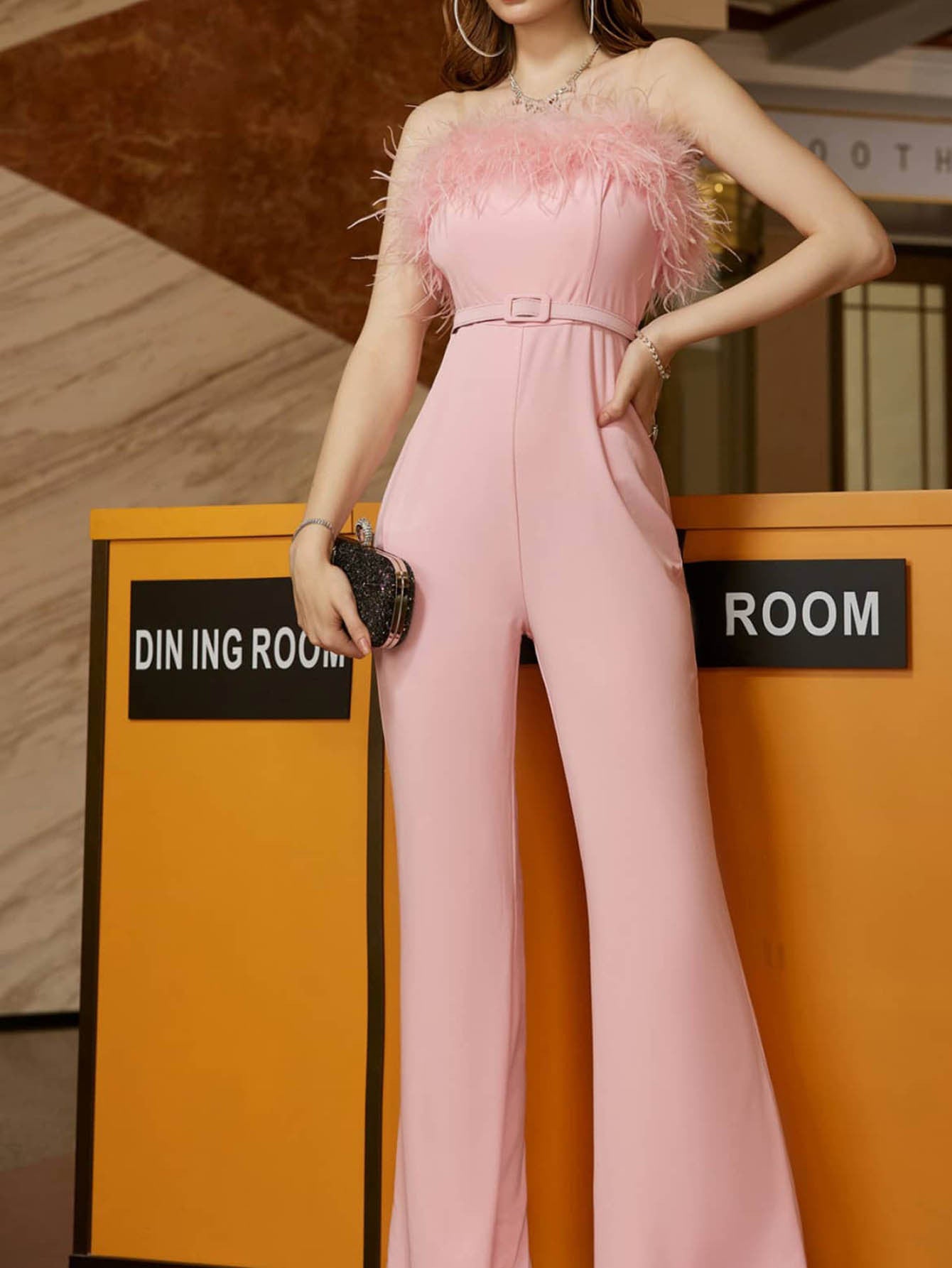 Strapless Wide-Leg Jumpsuit with Feather Trim Bust and Belt