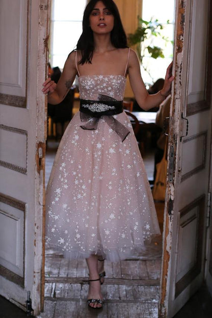 Star-Pattern A-Line Midi Dress with Embellished Belt