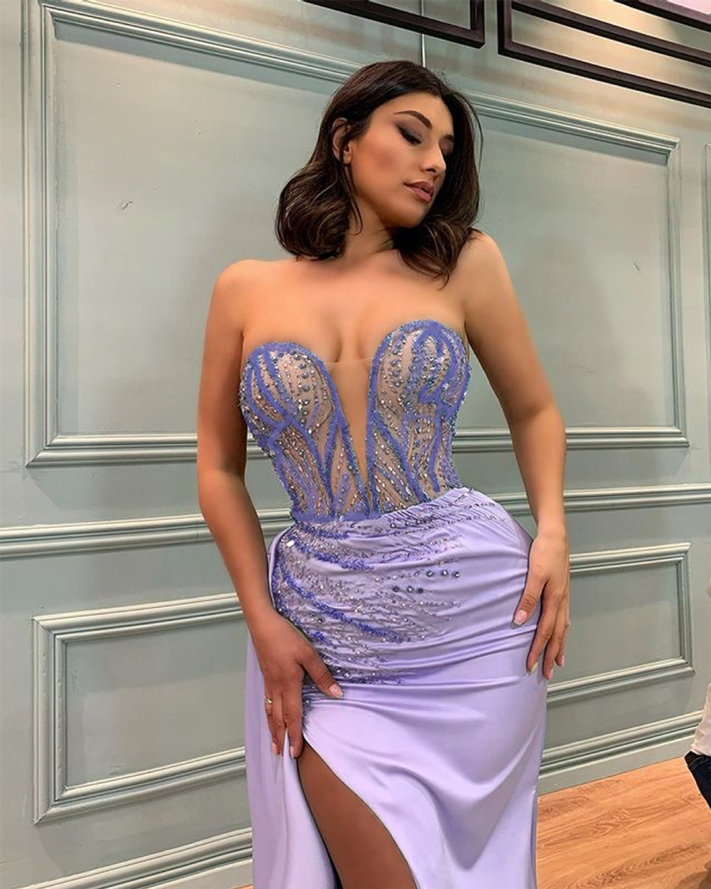 Sheath Evening Dress with Beaded Bodice and High Slit