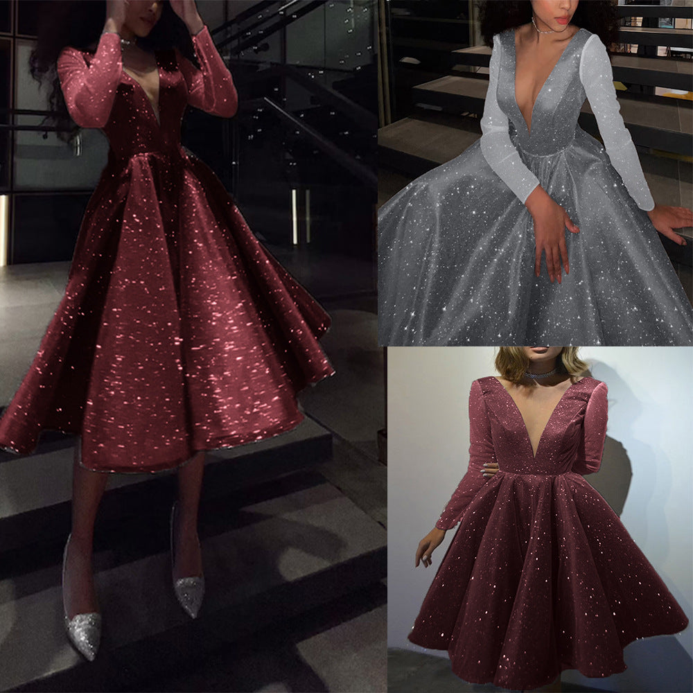Glitter A-Line Midi Dress with Deep V-Neck