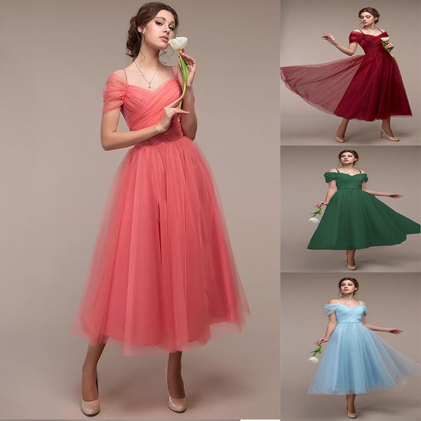 Ruched Tulle Midi Dress with Off-Shoulder Straps