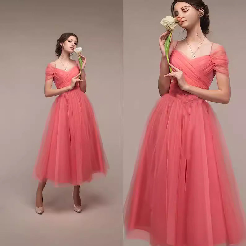 Ruched Tulle Midi Dress with Off-Shoulder Straps