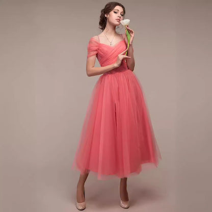 Ruched Tulle Midi Dress with Off-Shoulder Straps