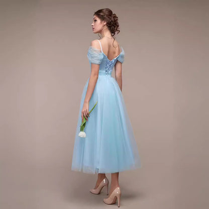 Ruched Tulle Midi Dress with Off-Shoulder Straps