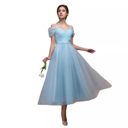 Ruched Tulle Midi Dress with Off-Shoulder Straps