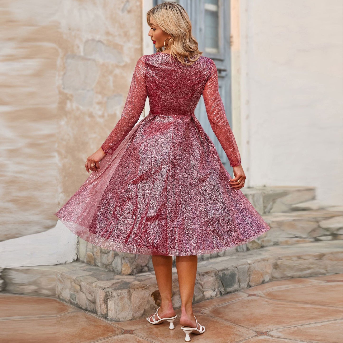 Glitter A-Line Midi Dress with Deep V-Neck