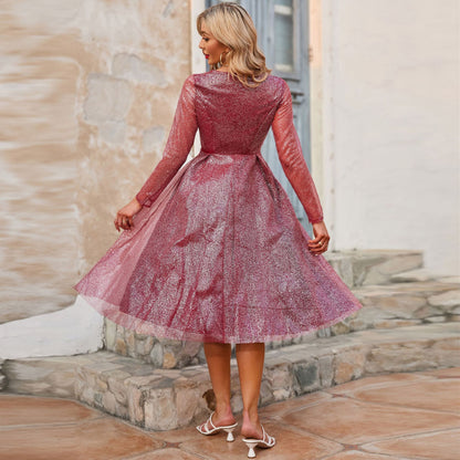 Glitter A-Line Midi Dress with Deep V-Neck