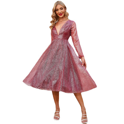 Glitter A-Line Midi Dress with Deep V-Neck