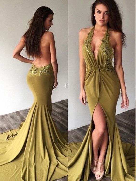 Mermaid Gown with Halter V-Neck and Open Back