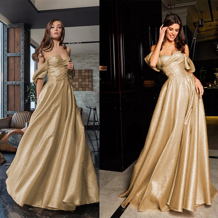 A-Line Maxi Dress with Off-Shoulder Puff Sleeves and Textured Shimmer