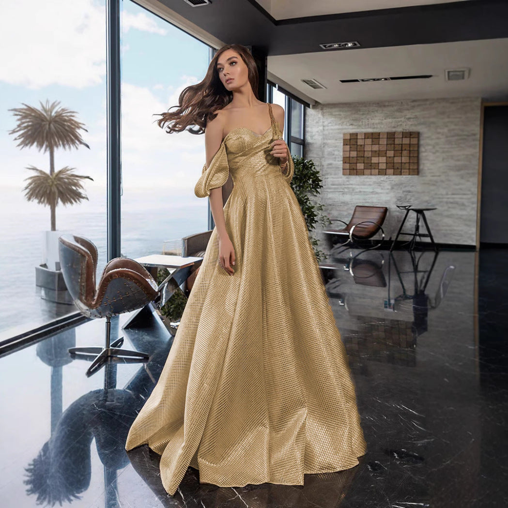 A-Line Maxi Dress with Off-Shoulder Puff Sleeves and Textured Shimmer