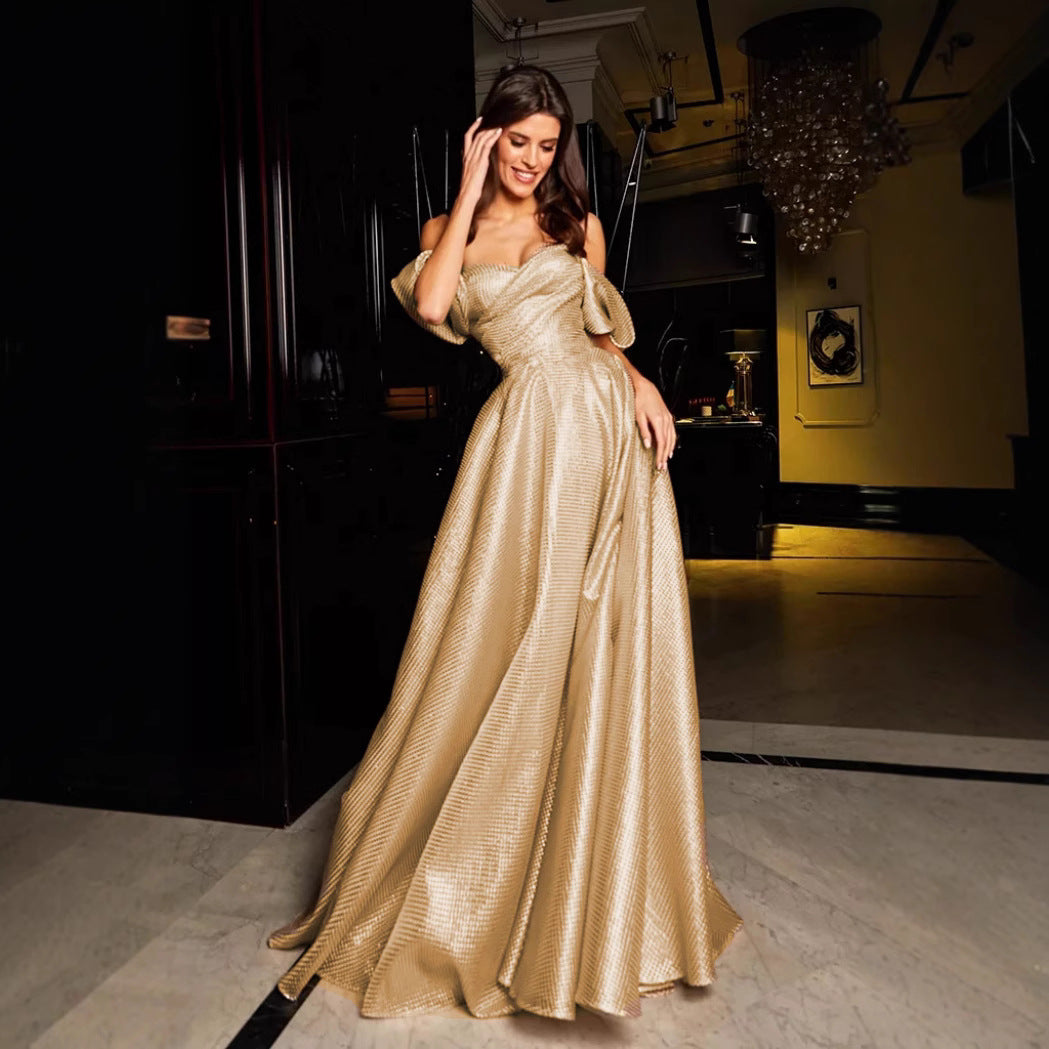 A-Line Maxi Dress with Off-Shoulder Puff Sleeves and Textured Shimmer