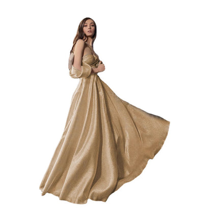 A-Line Maxi Dress with Off-Shoulder Puff Sleeves and Textured Shimmer