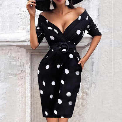 Polka Dot Pencil Dress with V-Neck and Belted Waist