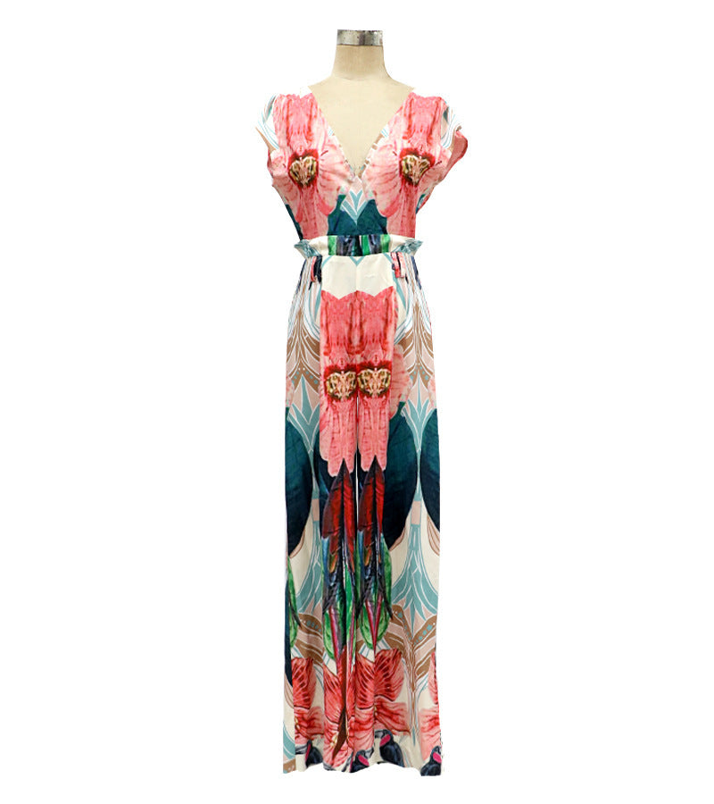 Printed Wide-Leg Jumpsuit with Deep V-Neck