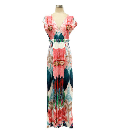 Printed Wide-Leg Jumpsuit with Deep V-Neck
