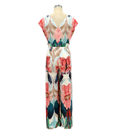 Printed Wide-Leg Jumpsuit with Deep V-Neck