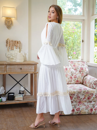 Solid A-Line Midi Dress with Bell Sleeves and Tiered Skirt