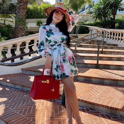 Rose Floral Chiffon Mini Dress with Stand Collar and Tie-Waist