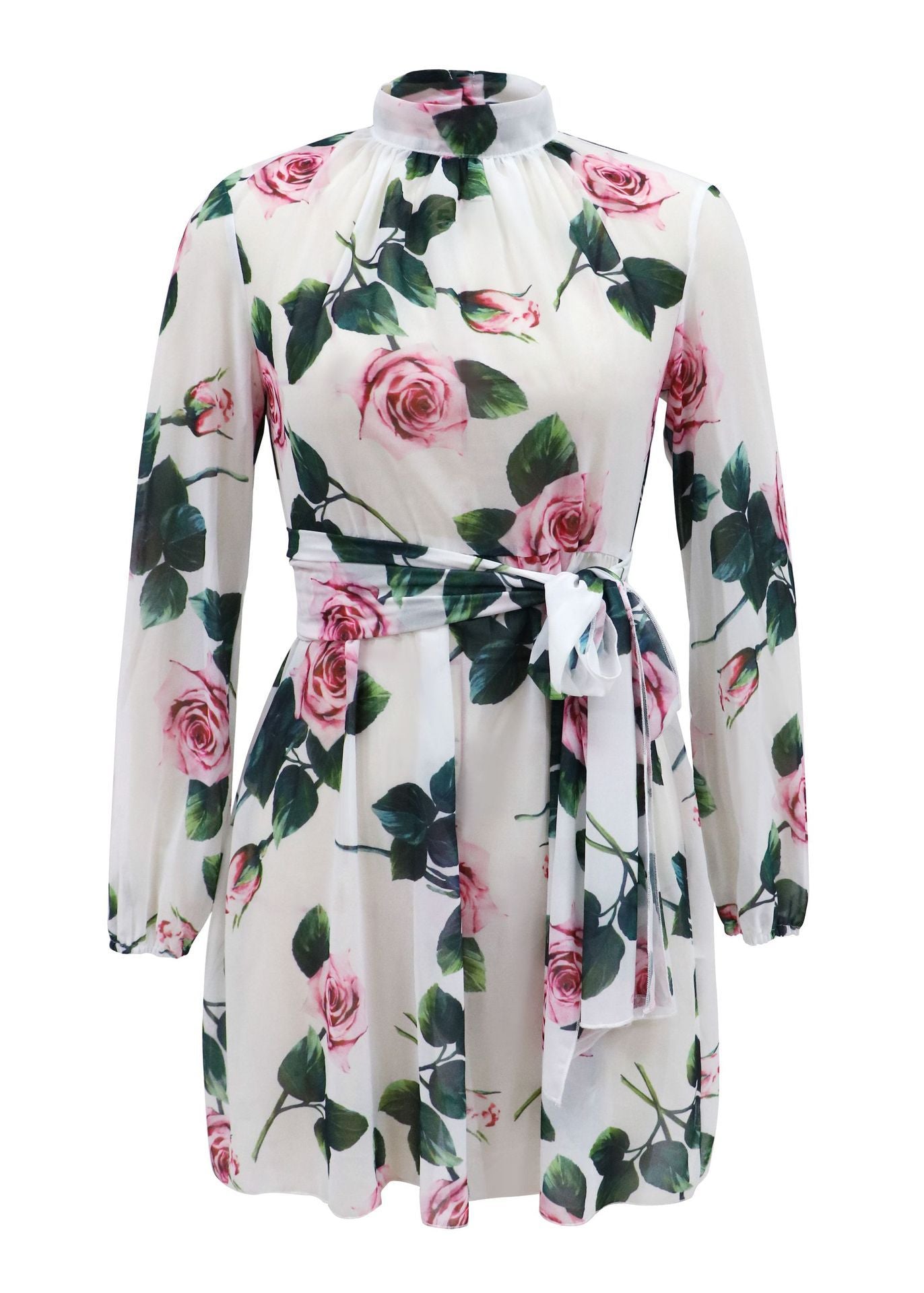 Rose Floral Chiffon Mini Dress with Stand Collar and Tie-Waist