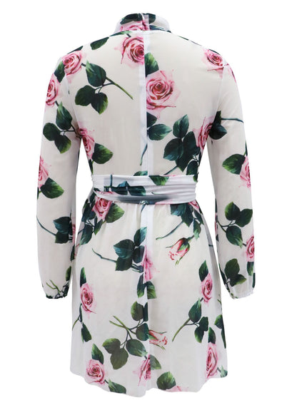 Rose Floral Chiffon Mini Dress with Stand Collar and Tie-Waist