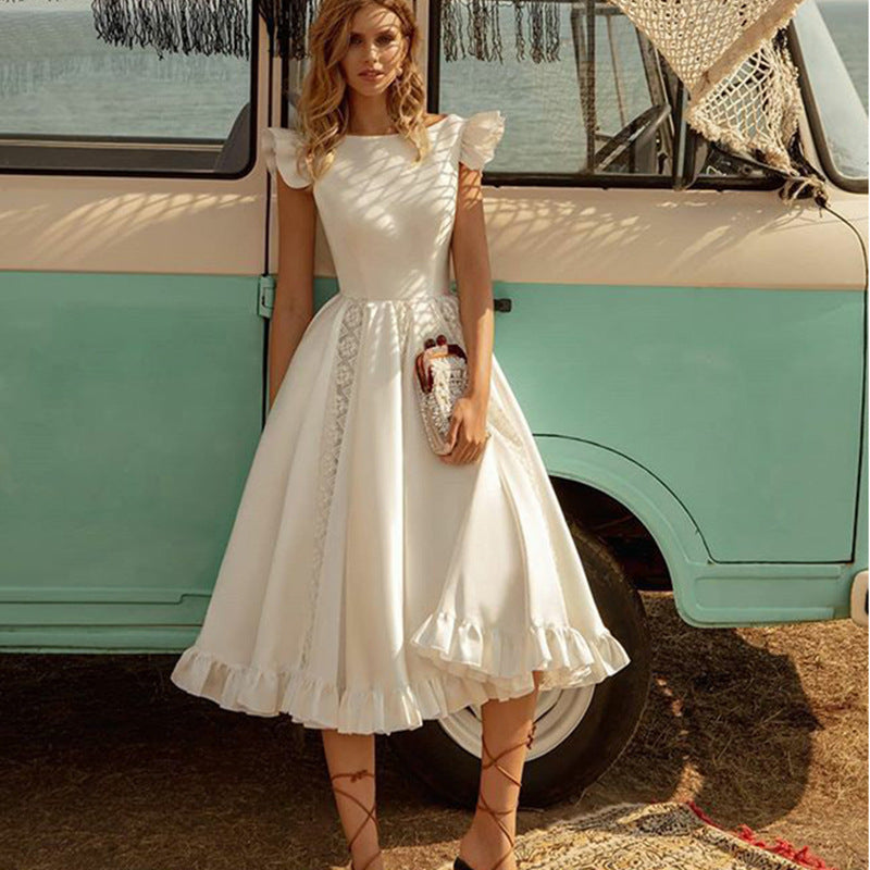 A-Line Midi Dress with Flutter Sleeves and Ruffled Hem