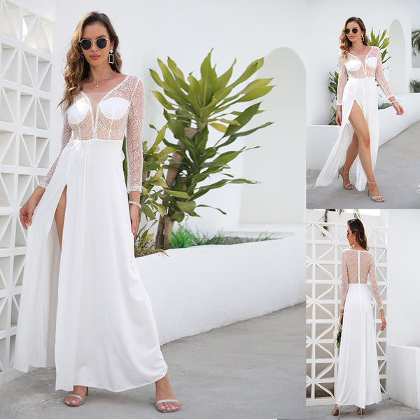 Long Sleeve Maxi Dress with Sheer Lace Bodice and High Split