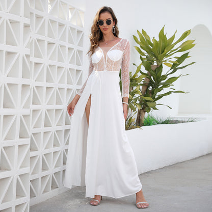 Long Sleeve Maxi Dress with Sheer Lace Bodice and High Split