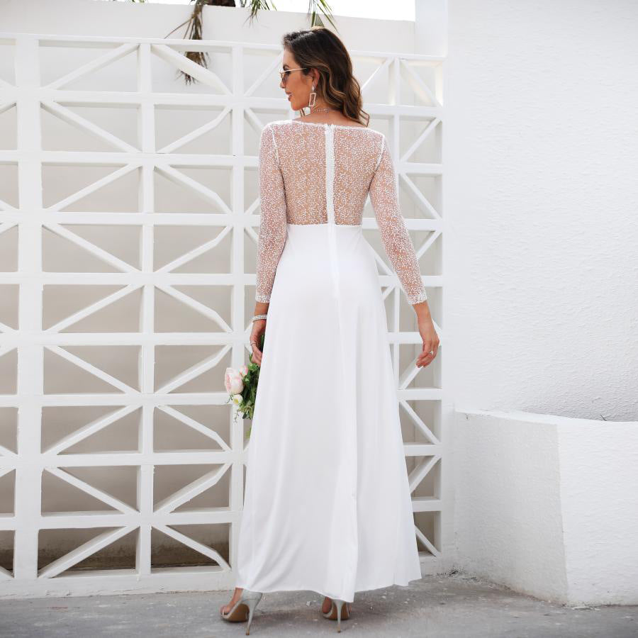 Long Sleeve Maxi Dress with Sheer Lace Bodice and High Split