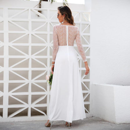 Long Sleeve Maxi Dress with Sheer Lace Bodice and High Split