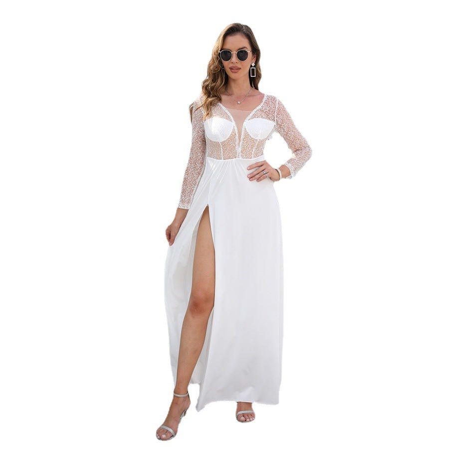 Long Sleeve Maxi Dress with Sheer Lace Bodice and High Split