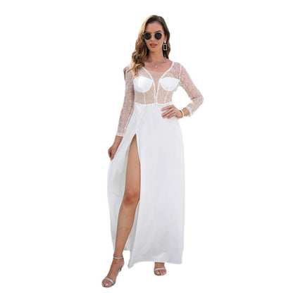 Long Sleeve Maxi Dress with Sheer Lace Bodice and High Split