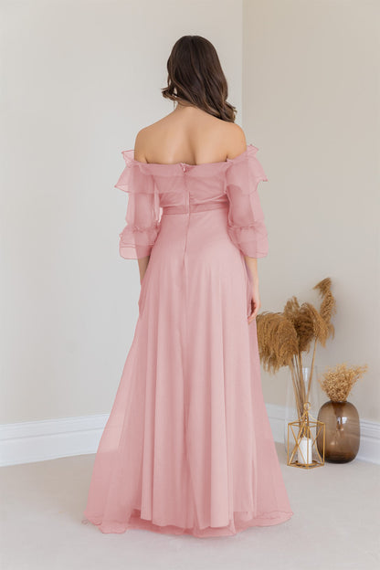 Off-Shoulder Ruffled Maxi Dress with Slit
