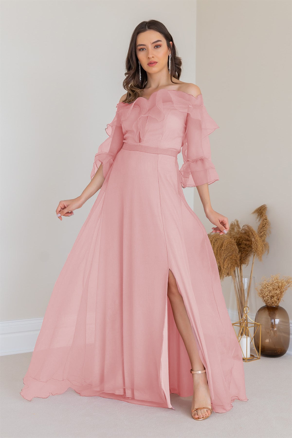 Off-Shoulder Ruffled Maxi Dress with Slit