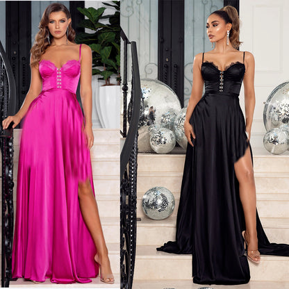 Satin Maxi Gown with Sweetheart Corset Bodice and Thigh-High Slit