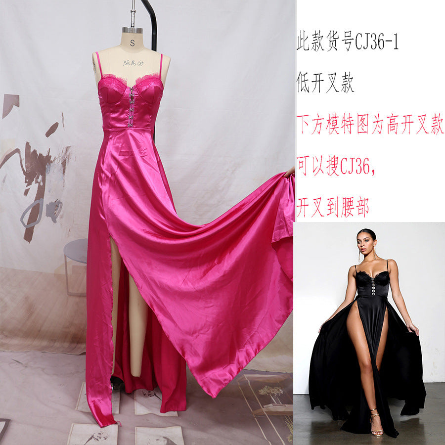 Satin Maxi Gown with Sweetheart Corset Bodice and Thigh-High Slit