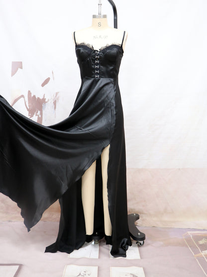 Satin Maxi Gown with Sweetheart Corset Bodice and Thigh-High Slit
