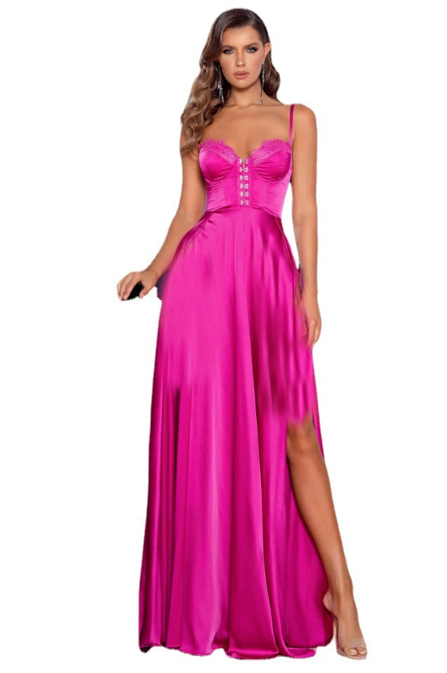 Satin Maxi Gown with Sweetheart Corset Bodice and Thigh-High Slit