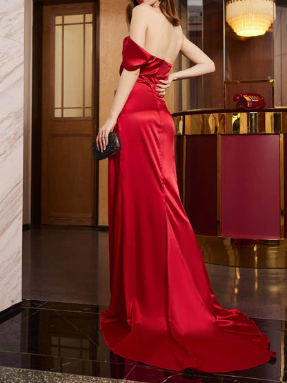 Satin Mermaid Gown with Off-Shoulder Draping