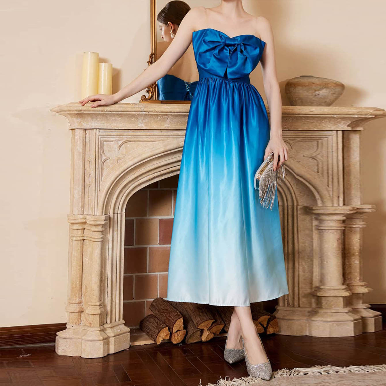 Strapless Gradient Satin Midi Dress with Bow Detail