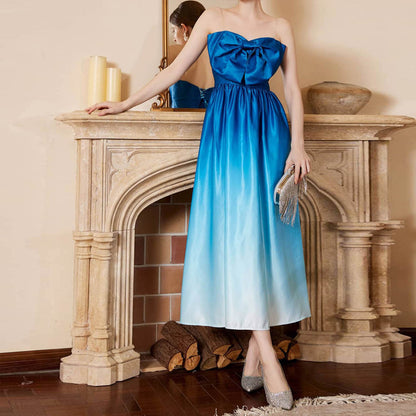 Strapless Gradient Satin Midi Dress with Bow Detail