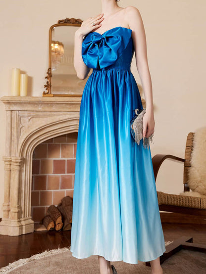 Strapless Gradient Satin Midi Dress with Bow Detail