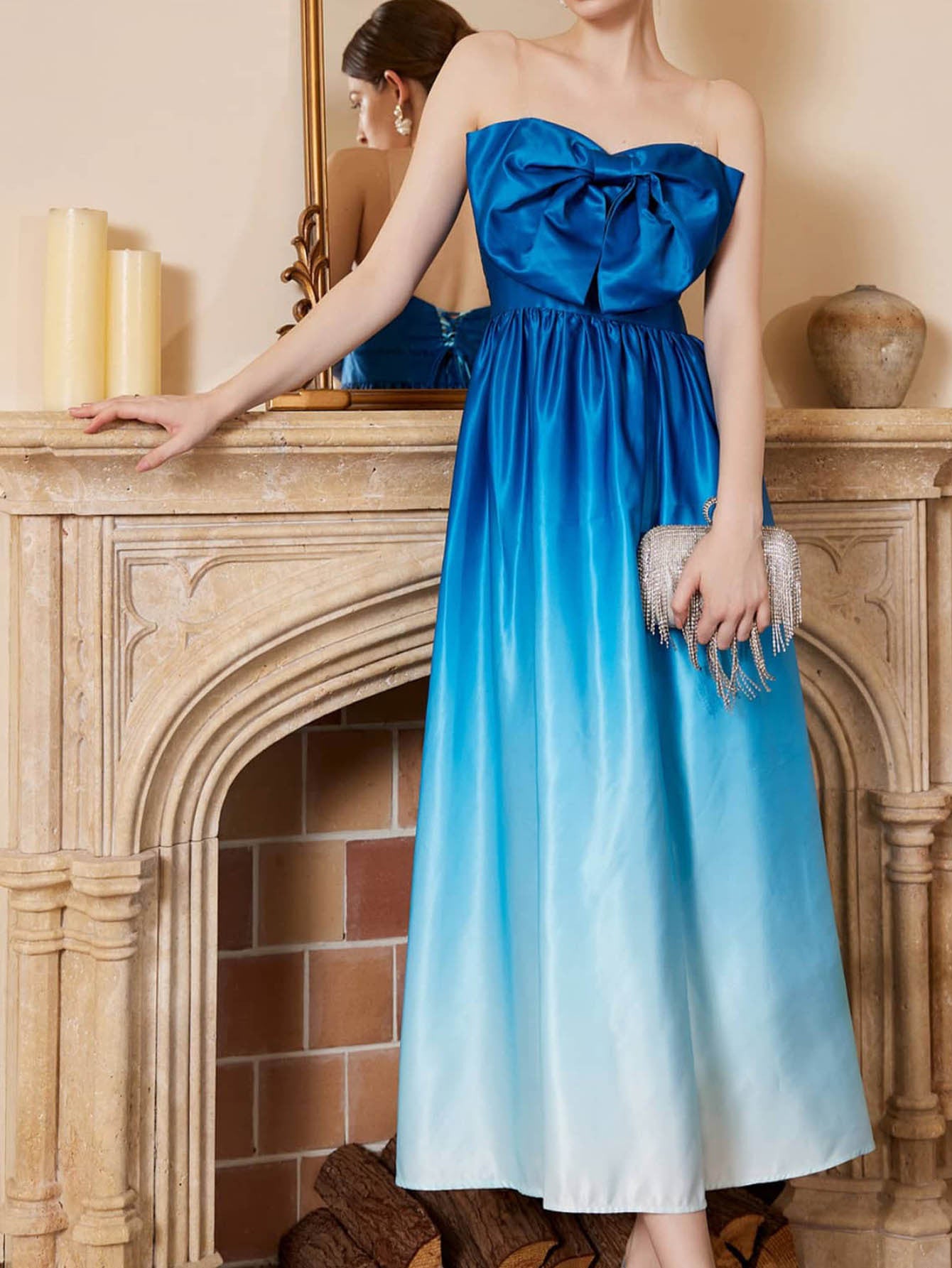 Strapless Gradient Satin Midi Dress with Bow Detail