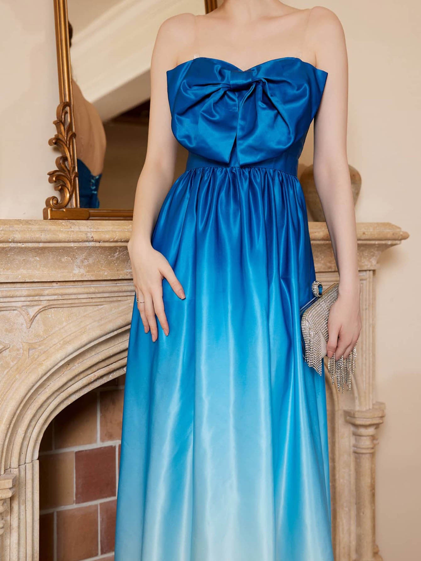 Strapless Gradient Satin Midi Dress with Bow Detail